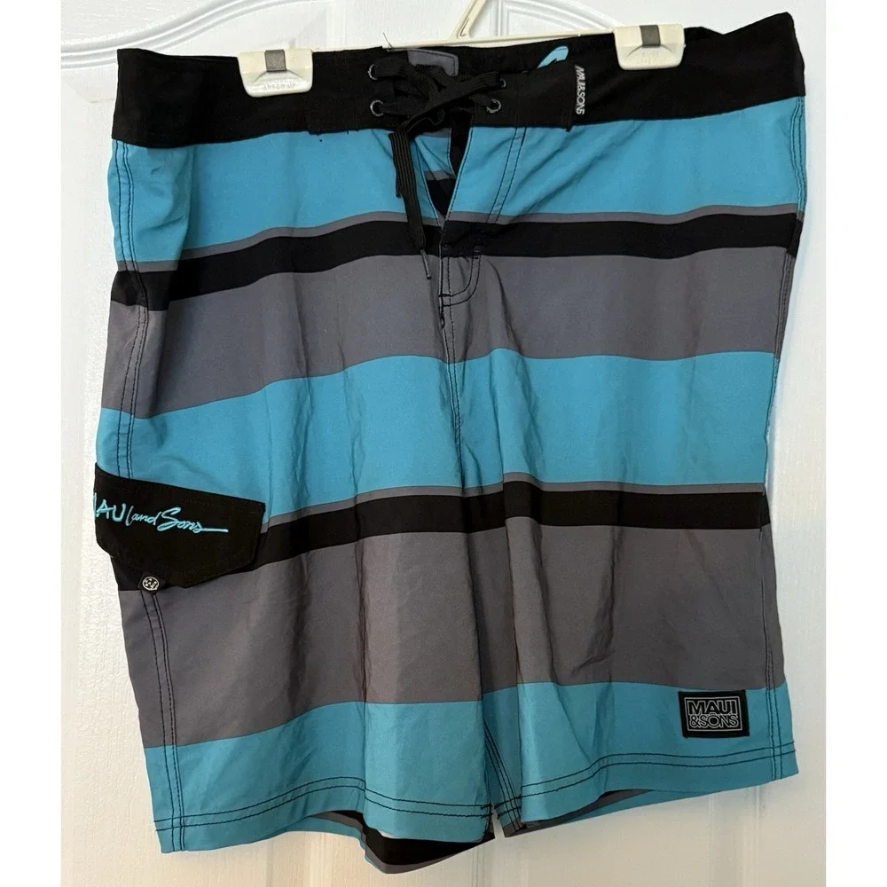 Maui & Sons Men's Black/blue/gray  4Way‎ Stretch Board Shorts Size 38 Stripes